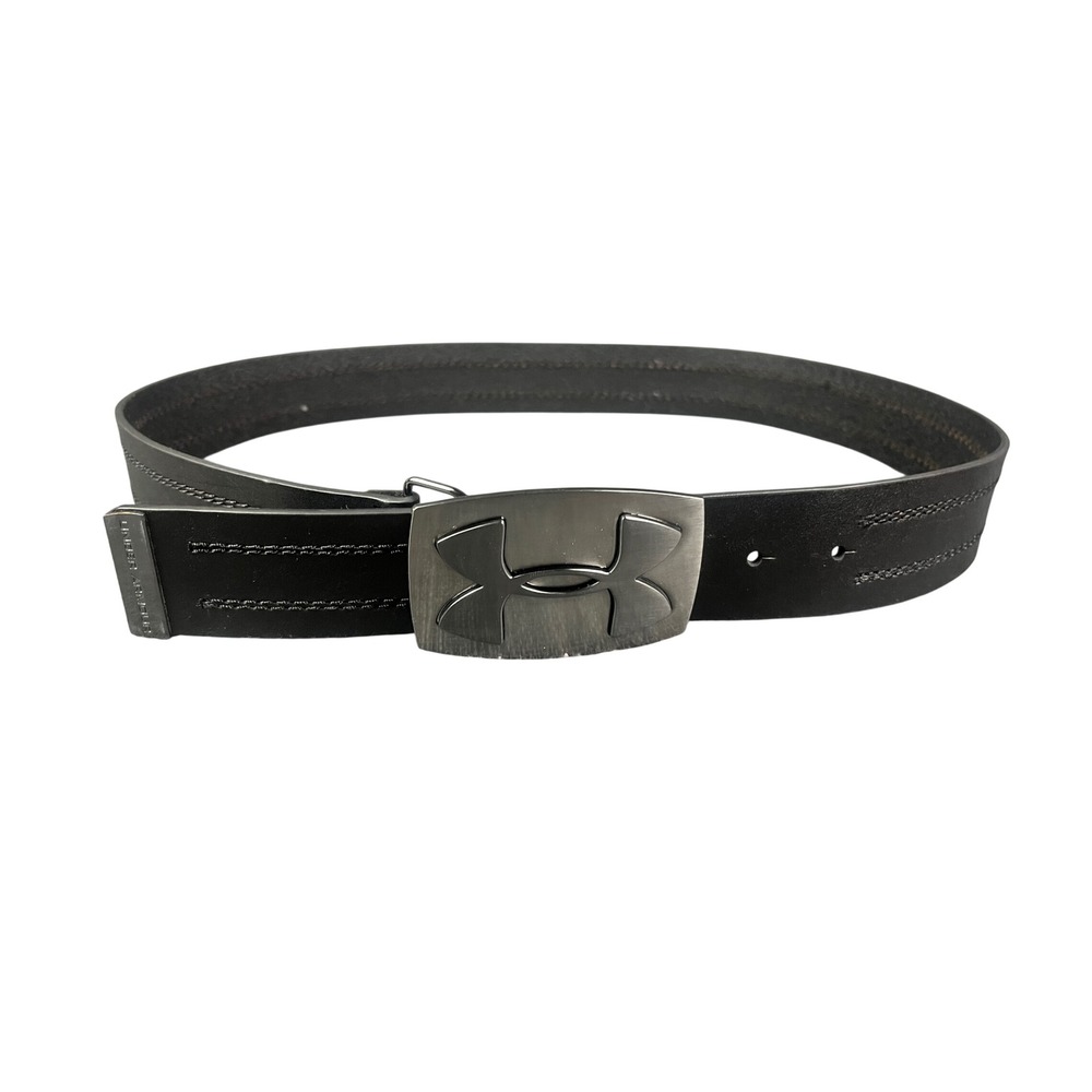 Under Armour Mens Black Leather Golf Belt Size 34 Gunmetal Plaque Buckle